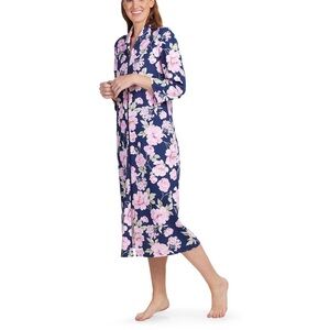 🆕Miss Elaine Essentials Knit Long Front Zip Robe Navy/Pink Roses Size S